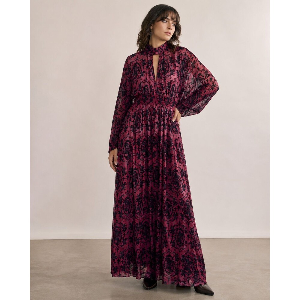 Unique Vintage O/S Burgundy Burnout Velvet Whimsi Gothic Cameo Cross Maxi Dress